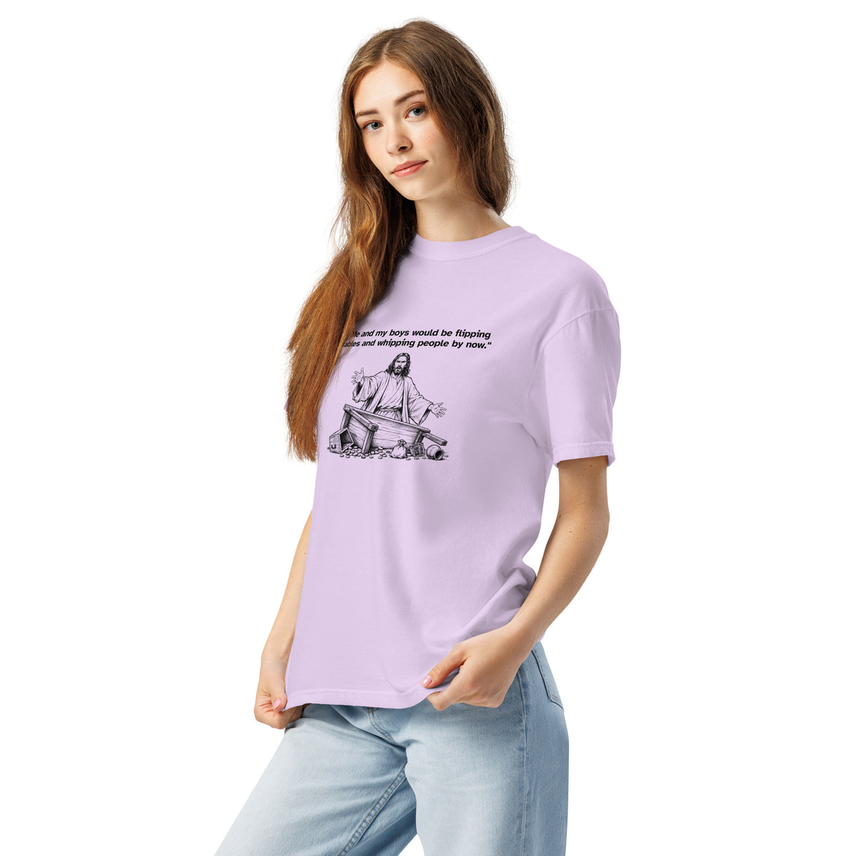 Me and My Boys heavyweight T-shirt in orchid, left-front view