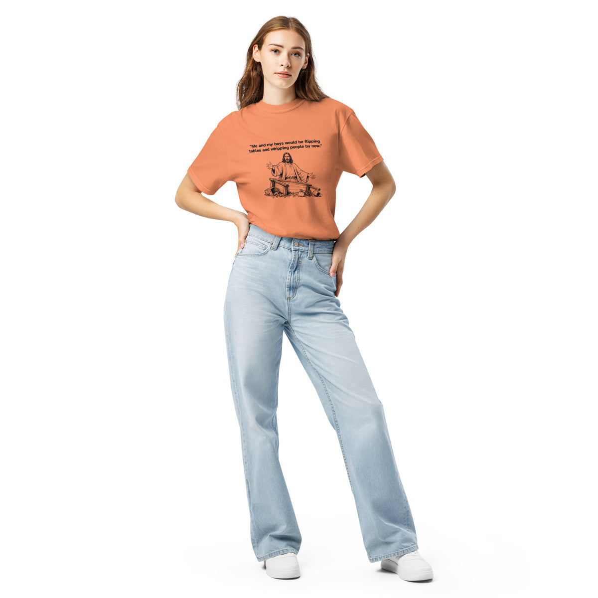 Me and My Boys heavyweight T-shirt in terracotta, front view