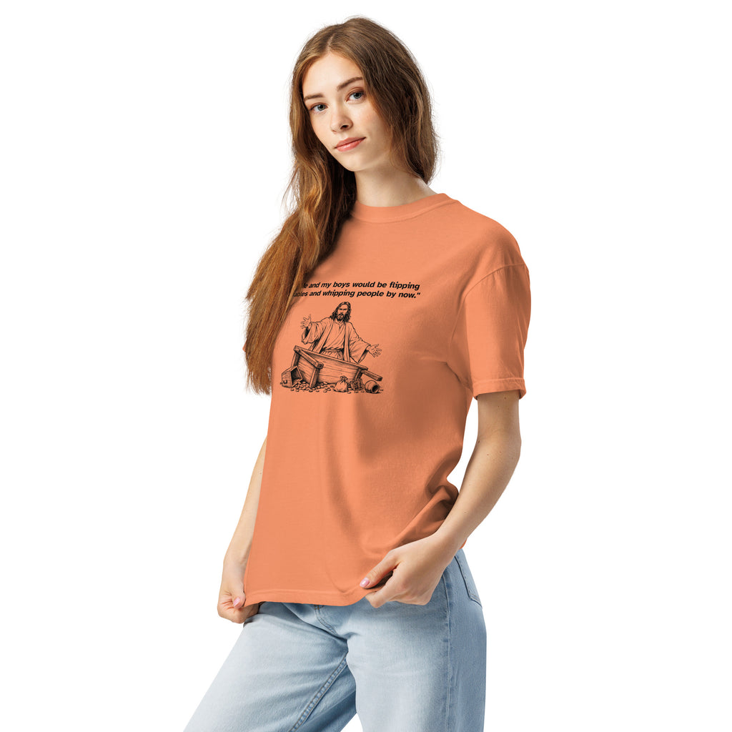 Me and My Boys heavyweight T-shirt in terracotta, left-front view