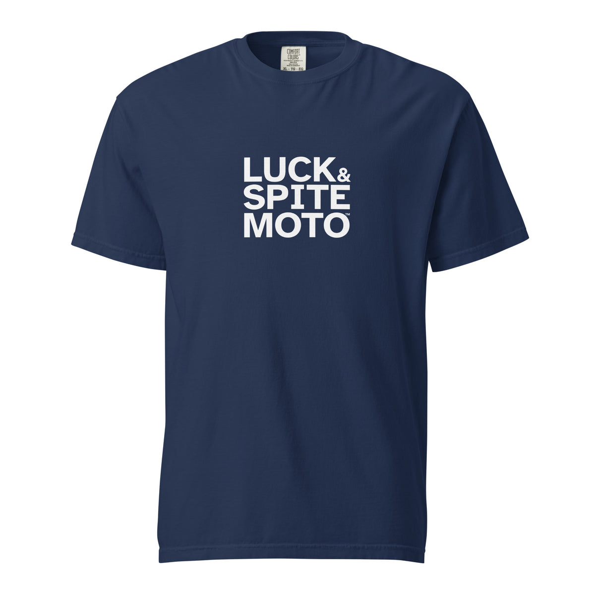 Luck & Spite Moto navy heavyweight T-shirt, front view