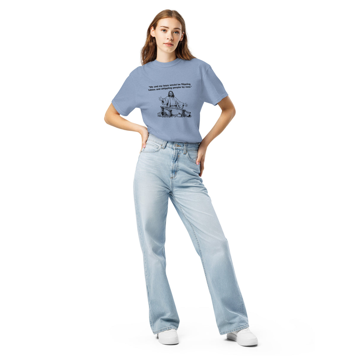 Me and My Boys heavyweight T-shirt in washed denim, front view