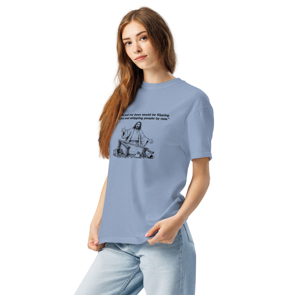 Me and My Boys heavyweight T-shirt in washed denim, left-front view