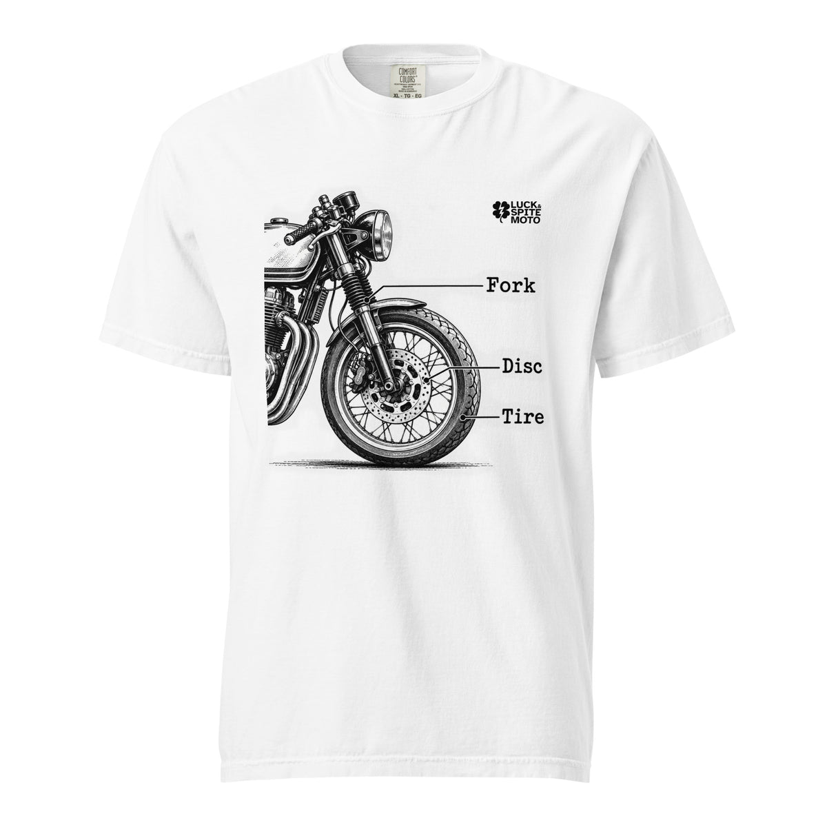 Fork, Disc, Tire white heavyweight T-shirt, front view
