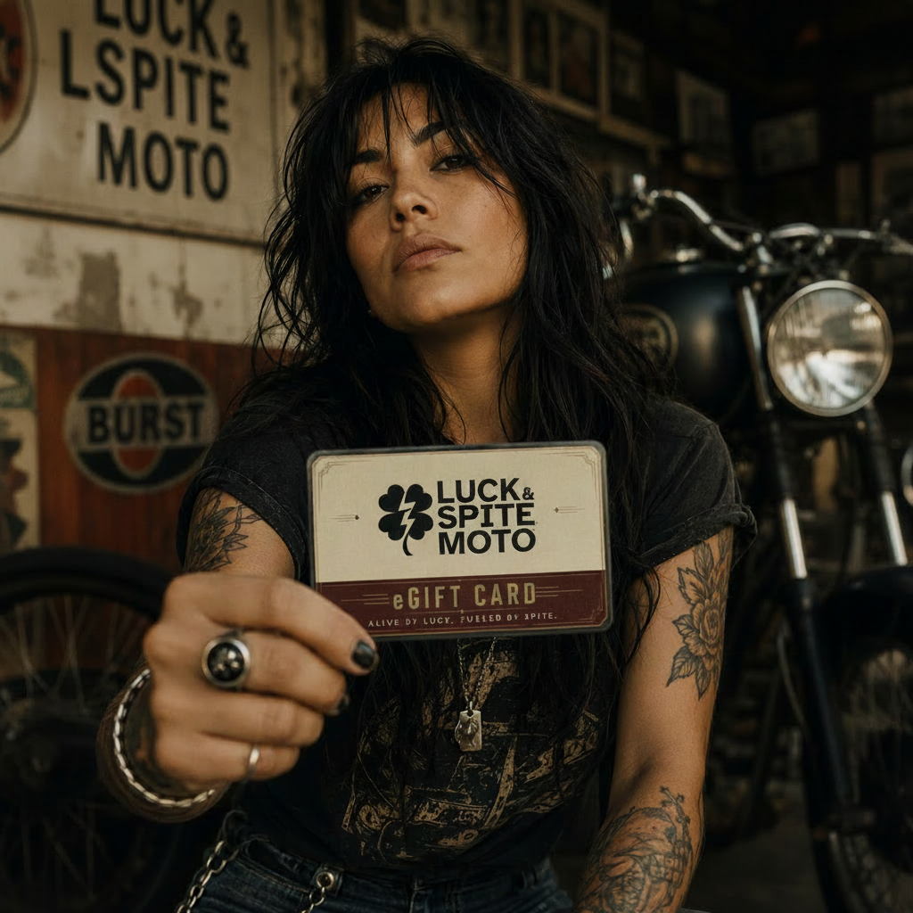 A woman with dark hair and tattoos holds a Luck & Spite Moto gift card in a rustic biker shop setting with vintage signs and a motorcycle in the background.