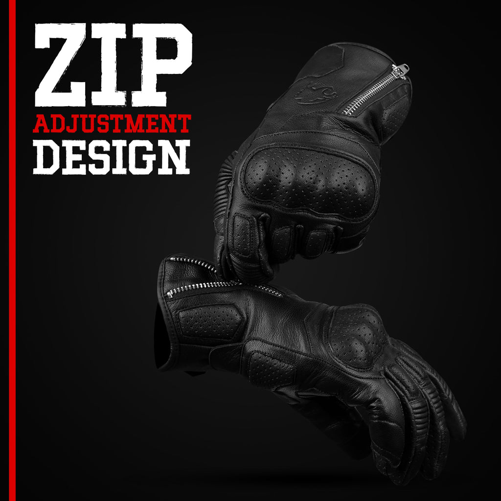 Olympus Knuckle-Protected Leather Motorcycle Gloves with Zipper Closure